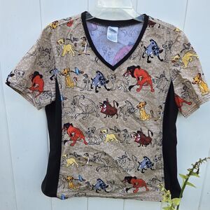 Disney The Lion King The Conga Line V-neck kangaroo pocket Scrub Top Women's L